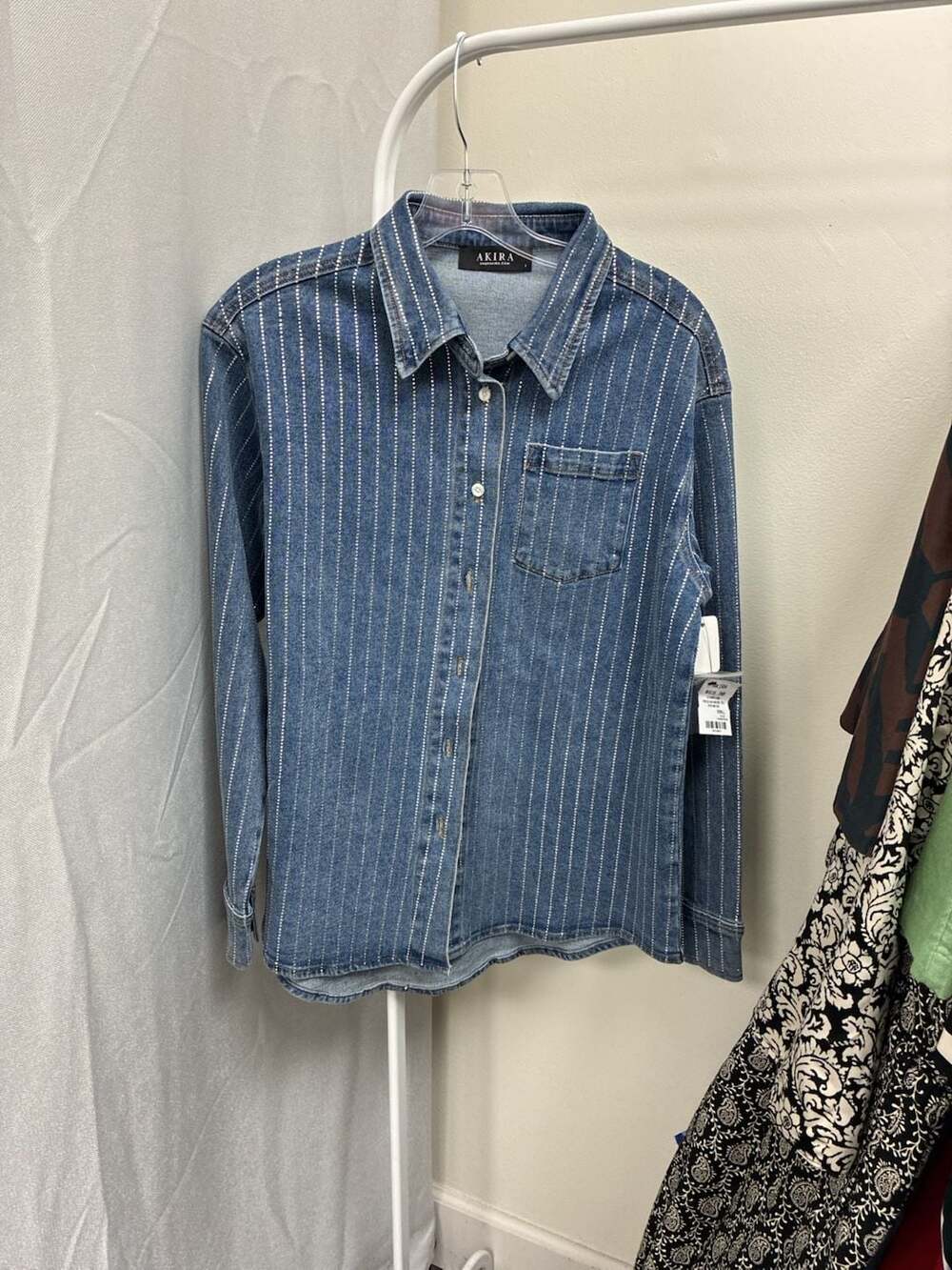 Akira Effortless Glam Rhinestone Stripe Button Down Shirt Small Blue
